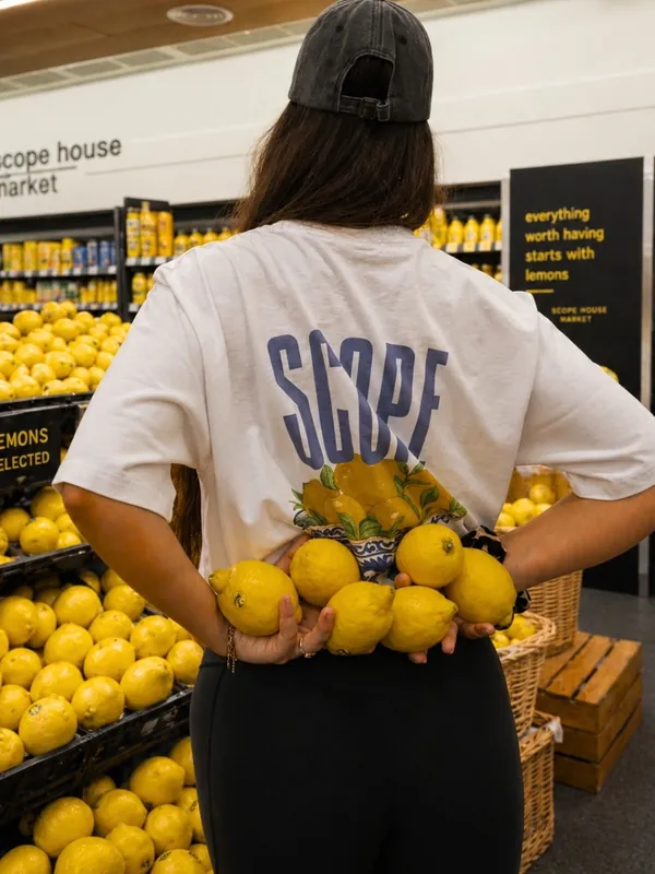 The Lemon tee from the back, lemons held behind